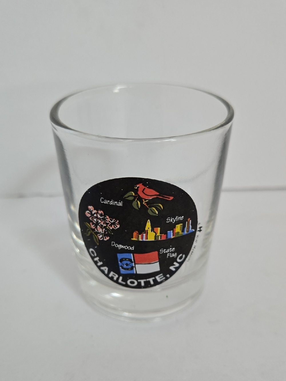 Charlotte NC Souvenir Shot Glass with Cardinal and Skyline